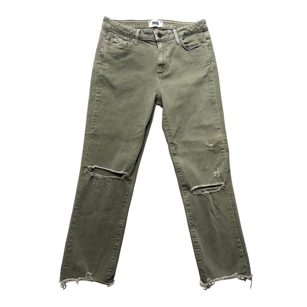 Paige Hoxton Crop Jeans Womens 29 Green High Rise Distressed Stretch Denim